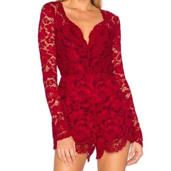 Lovers and Frieinds Pants - Lovers and Friends Eve Lace Open Black Long Sleeve Romper Cranberry Red Size XS